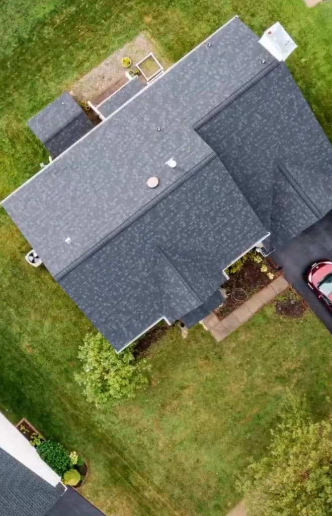 Completed residential roof — aerial view